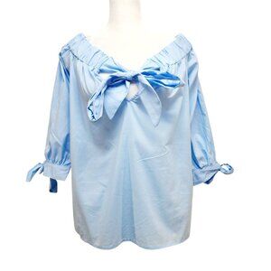 Light Blue Womens Off-Shoulder Blouse With Bow Tie Details & 3/4 Sleeves Size M